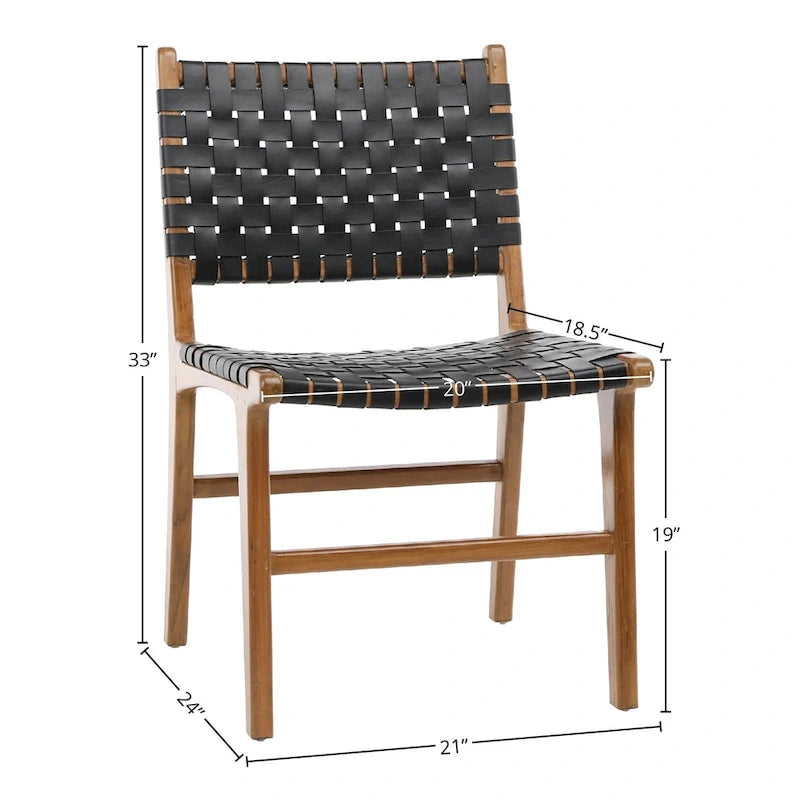 Chaise de salle à manger Maverick en cuir pleine fleur tissé avec structure en teck