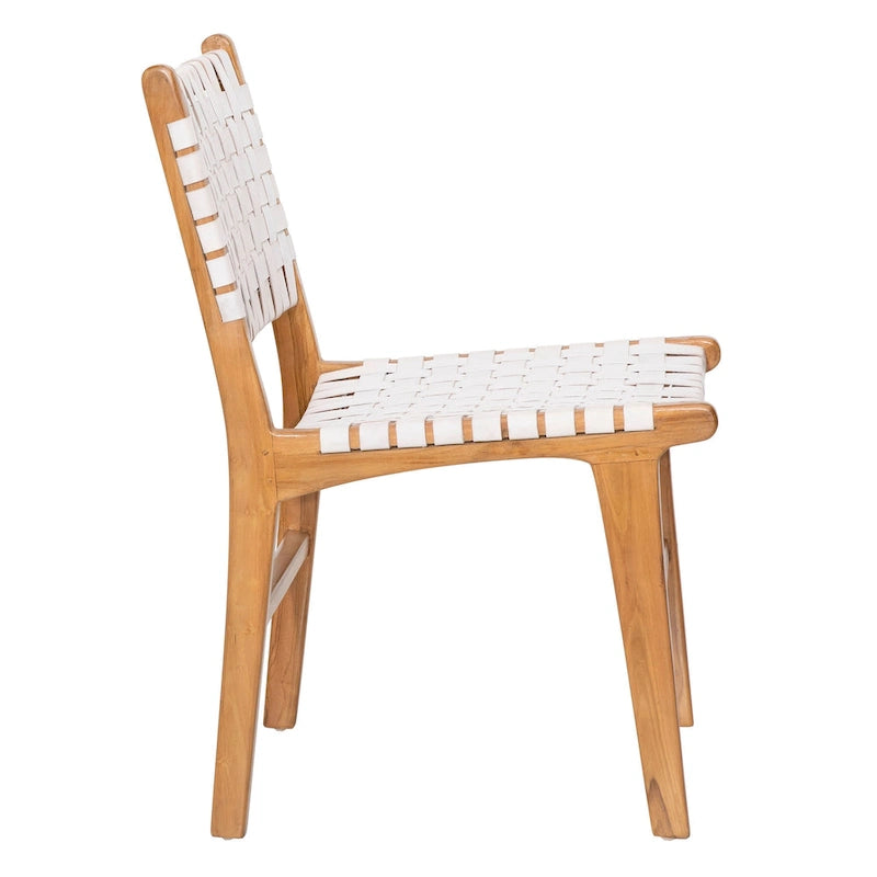 Chaise de salle à manger Maverick en cuir pleine fleur tissé avec structure en teck