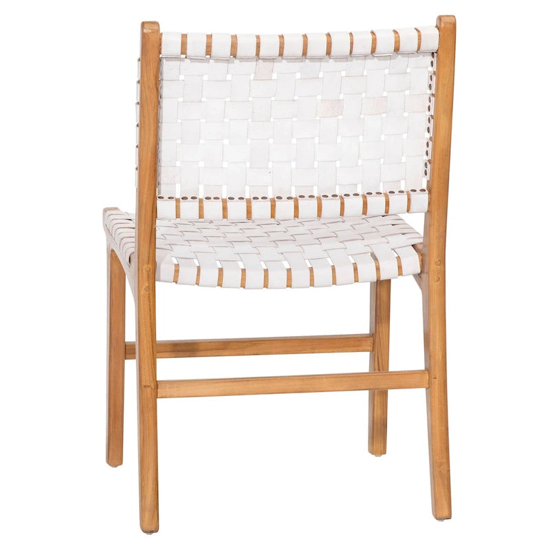 Chaise de salle à manger Maverick en cuir pleine fleur tissé avec structure en teck