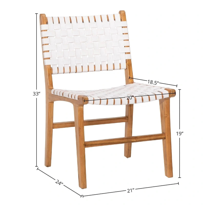 Chaise de salle à manger Maverick en cuir pleine fleur tissé avec structure en teck