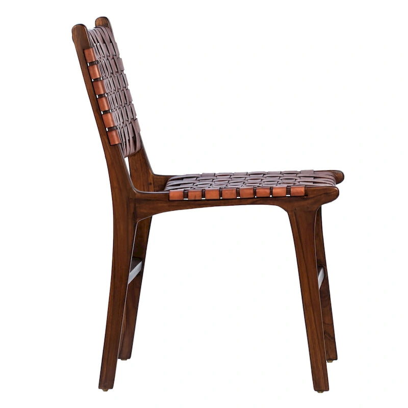 Chaise de salle à manger Maverick en cuir pleine fleur tissé avec structure en teck