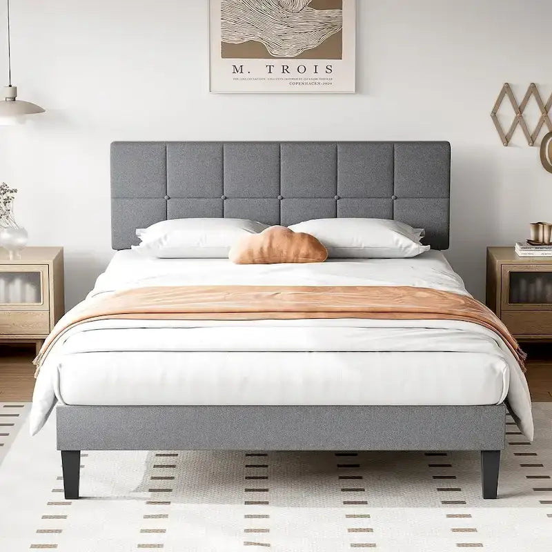 Bed Frame, Modern Platform Bed Frame with Adjustable Headboard, Geometric Upholstered Bed Frame 800LBS Sturdy Solid Wooden Slats