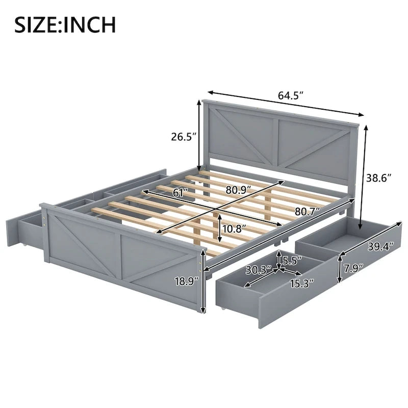 Lit plateforme en bois Merax avec quatre tiroirs de rangement et pieds de soutien