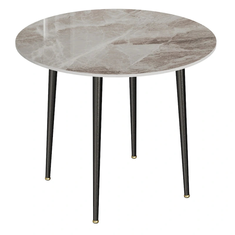 Table de salle à manger ronde avec plateau en marbre et pieds en métal, idéale pour la salle à manger ou la cuisine.