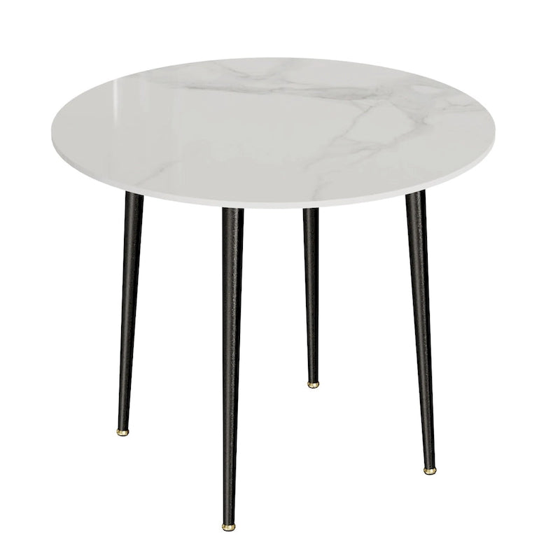 Table de salle à manger ronde avec plateau en marbre et pieds en métal, idéale pour la salle à manger ou la cuisine.