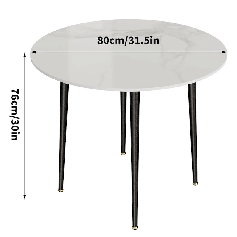 Table de salle à manger ronde avec plateau en marbre et pieds en métal, idéale pour la salle à manger ou la cuisine.