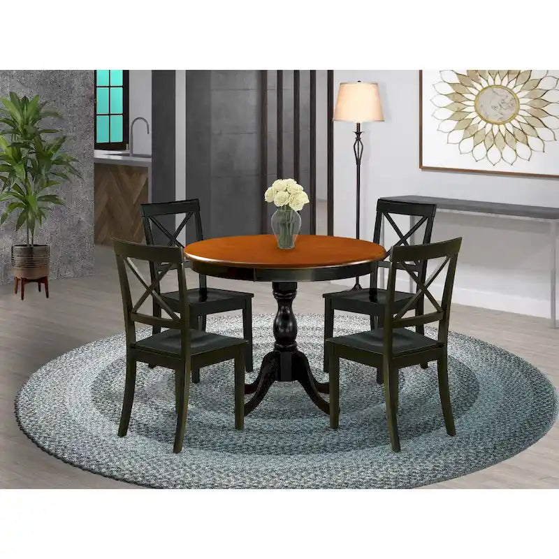 Ensemble de table de cuisine 3 pièces East West Furniture : une table ronde et des chaises à assise en bois, noir et cerisier (nombre de pièces au choix)