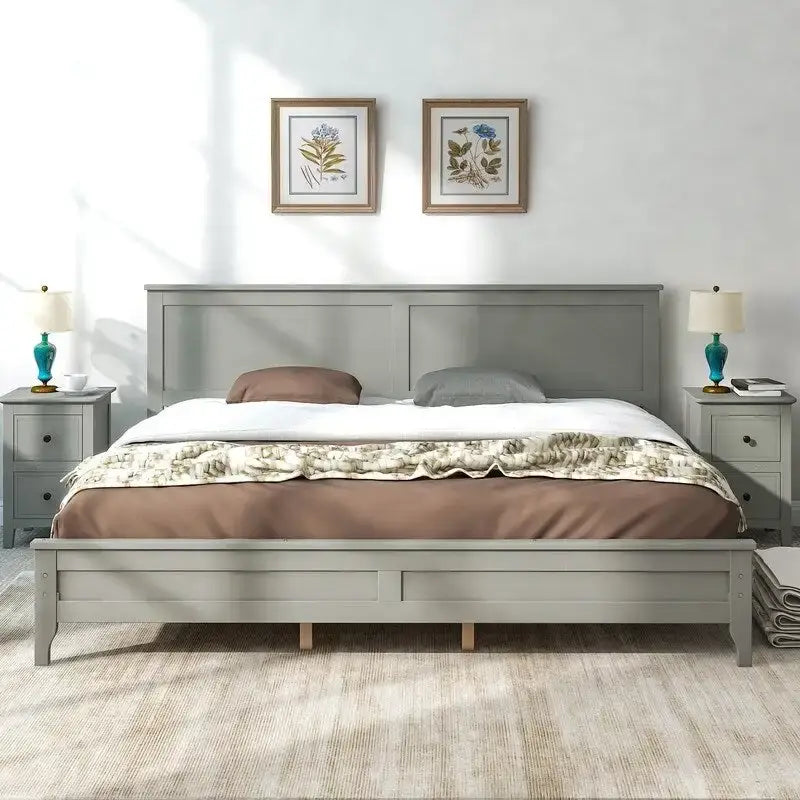 Cadre de lit moderne King avec tête et pied de lit, lit plateforme King avec sommier à lattes en bois