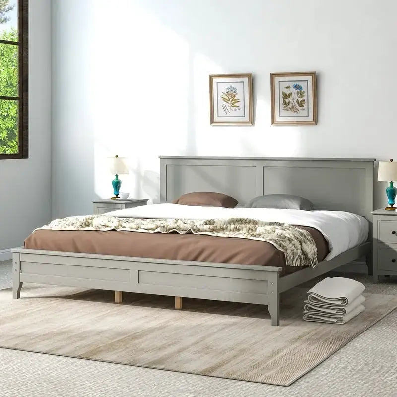 Cadre de lit moderne King avec tête et pied de lit, lit plateforme King avec sommier à lattes en bois