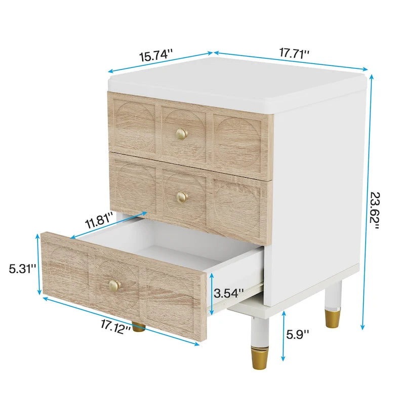 Table de chevet blanche et dorée avec 3 tiroirs