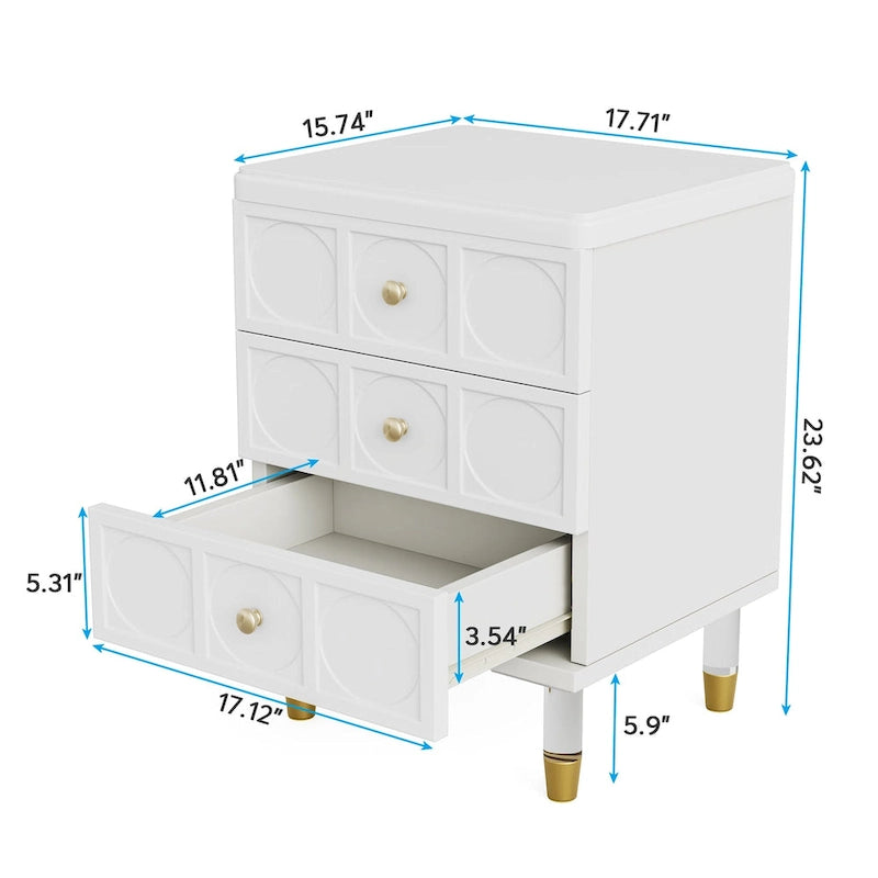 Table de chevet blanche et dorée avec 3 tiroirs