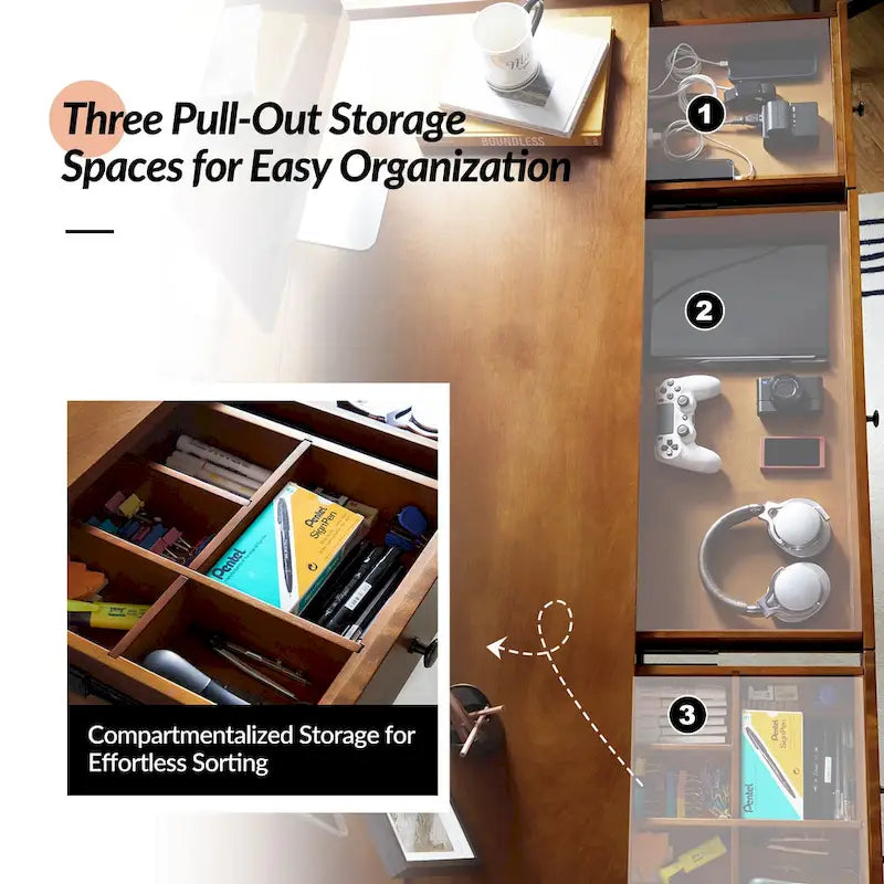 Bureau Eugenia style années 50 avec séparateur de tiroir, gestion des câbles et station de recharge par HULALA HOME