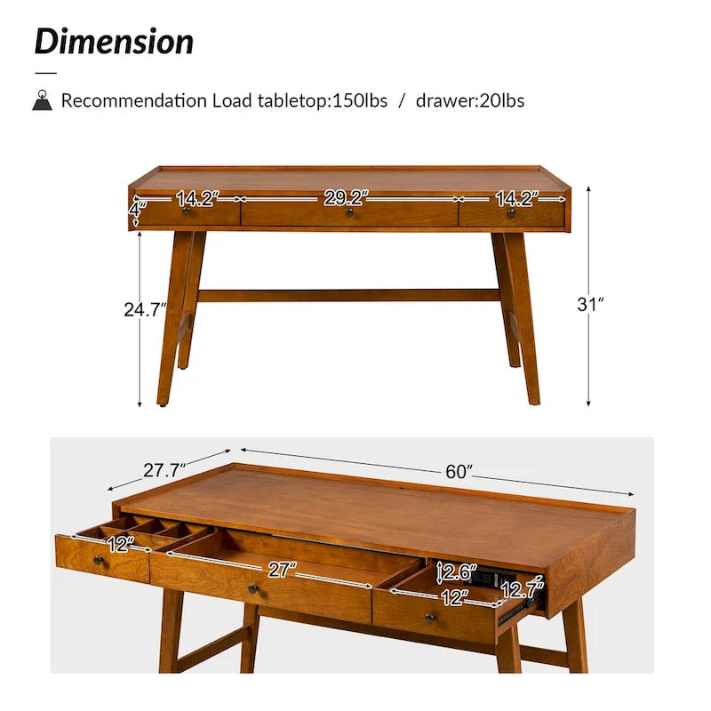 Bureau Eugenia style années 50 avec séparateur de tiroir, gestion des câbles et station de recharge par HULALA HOME