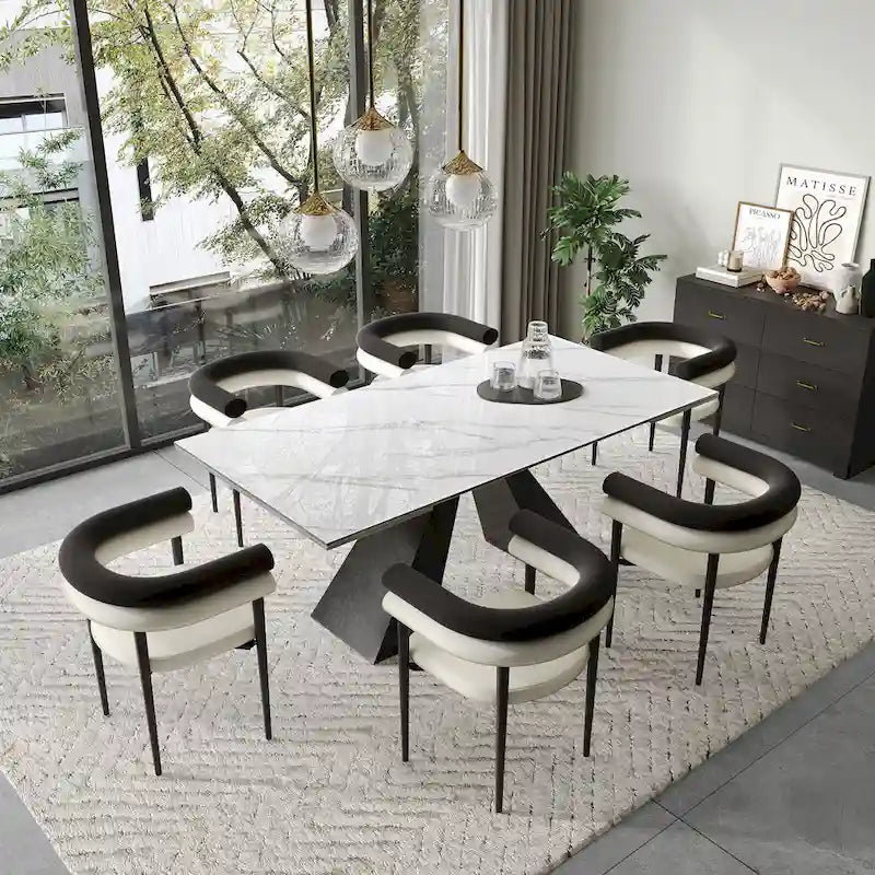 Ensemble de salle à manger extensible 6 personnes en pierre frittée, style minimaliste moderne