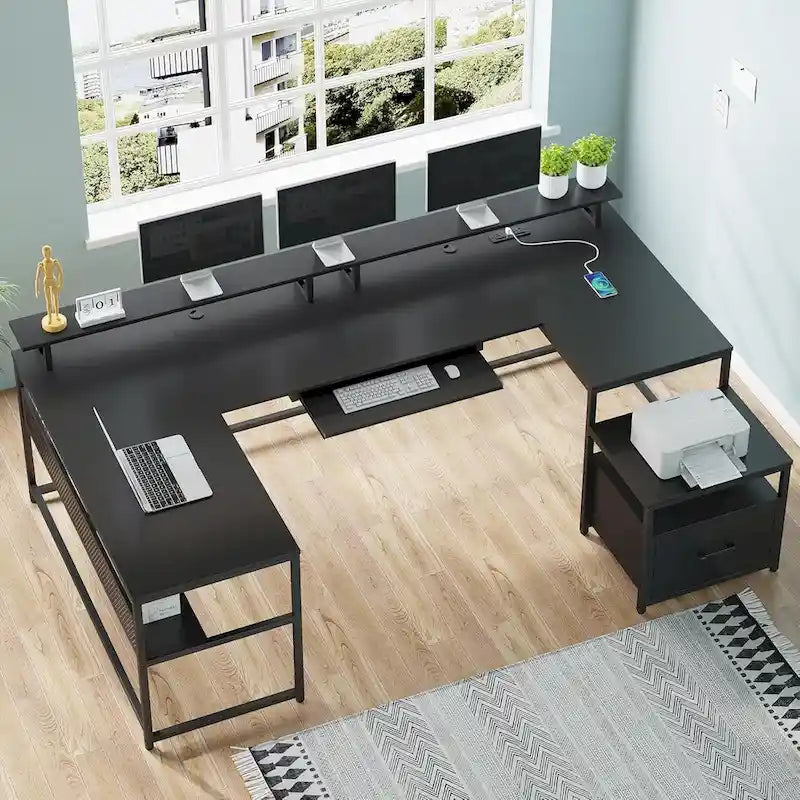 Bureau d'ordinateur en forme de U, bureau de jeu en forme de L, tiroir à dossiers