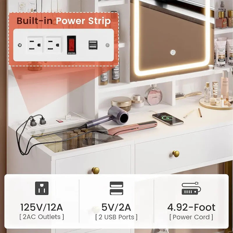 Coiffeuse avec crochets à bijoux uniques et espace de rangement dissimulé