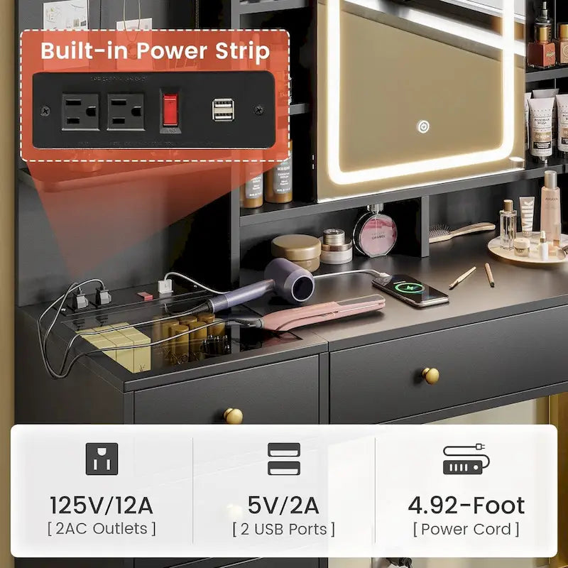 Coiffeuse avec crochets à bijoux uniques et espace de rangement dissimulé