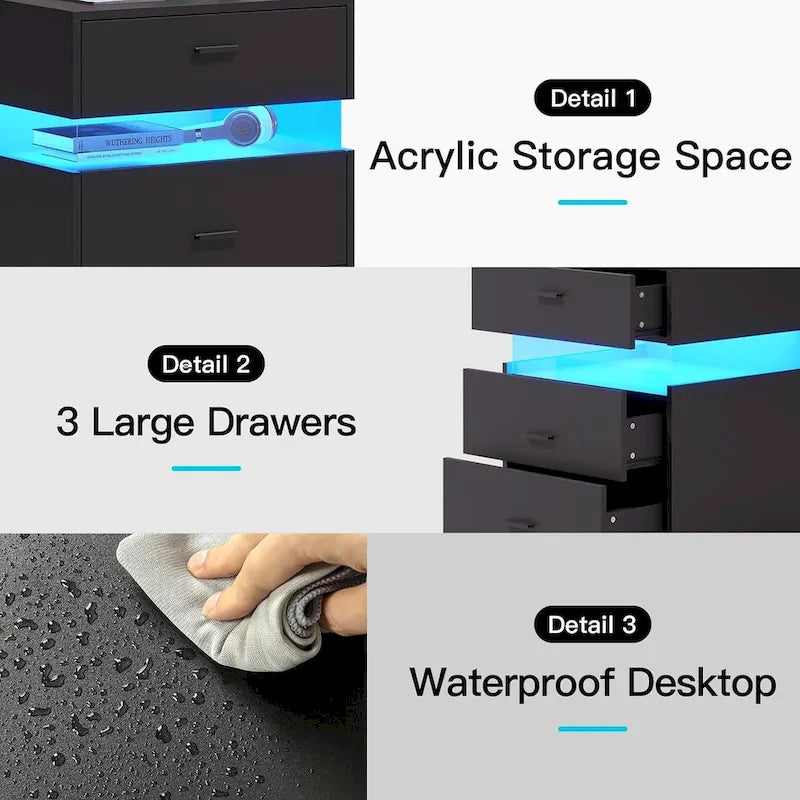 Table de chevet à 3 tiroirs avec éclairage LED en acrylique et station de recharge