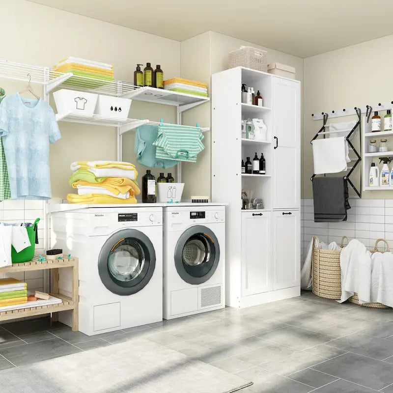 Meuble de salle de bain/buanderie blanc élégant avec tiroirs pivotants uniques