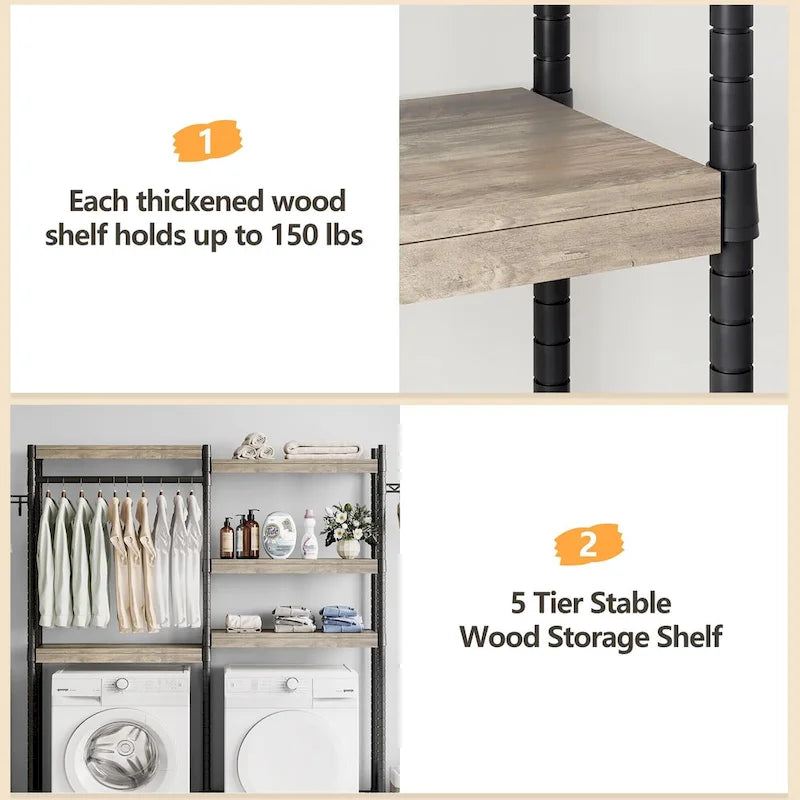 Étagère de rangement en bois à 5 niveaux à placer au-dessus de la laveuse et de la sécheuse
