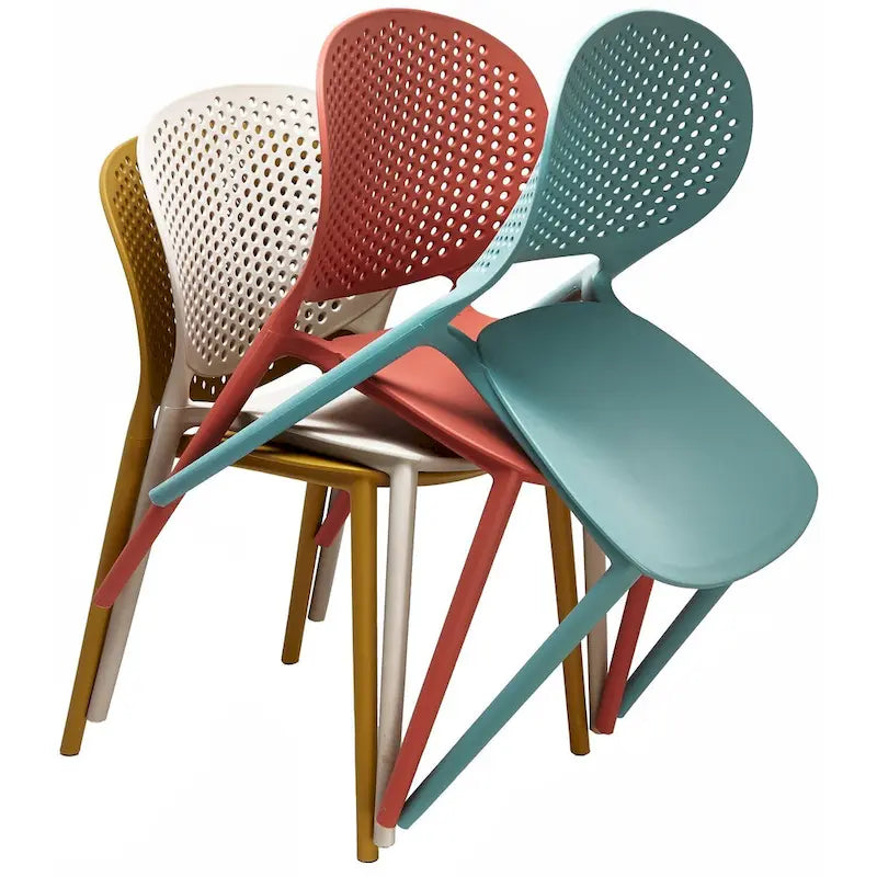 Chaise de jardin moderne en plastique empilable, sans accoudoirs, avec dossier à pois, idéale pour l'intérieur ou l'extérieur. Protection UV. Convient pour le jardin, la terrasse ou les repas en intérieur ou en extérieur.