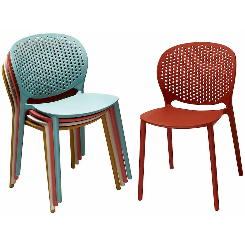 Chaise de jardin moderne en plastique empilable, sans accoudoirs, avec dossier à pois, idéale pour l'intérieur ou l'extérieur. Protection UV. Convient pour le jardin, la terrasse ou les repas en intérieur ou en extérieur.