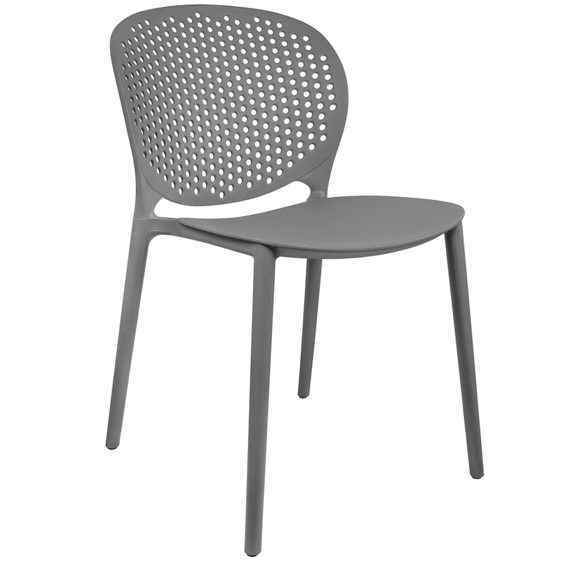 Chaise de jardin moderne en plastique empilable, sans accoudoirs, avec dossier à pois, idéale pour l'intérieur ou l'extérieur. Protection UV. Convient pour le jardin, la terrasse ou les repas en intérieur ou en extérieur.