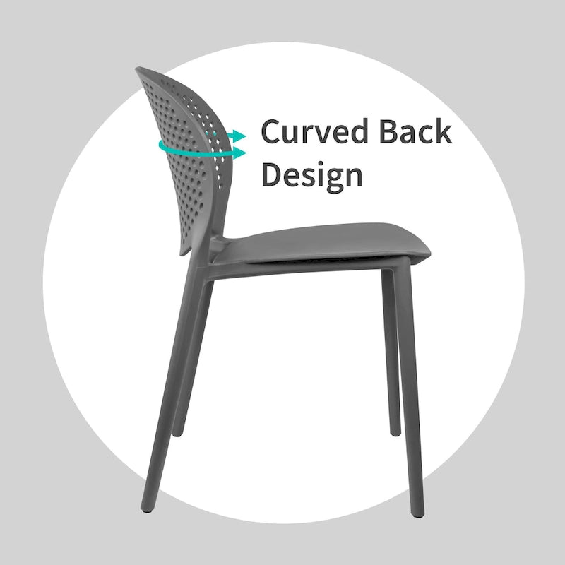 Chaise de jardin moderne en plastique empilable, sans accoudoirs, avec dossier à pois, idéale pour l'intérieur ou l'extérieur. Protection UV. Convient pour le jardin, la terrasse ou les repas en intérieur ou en extérieur.