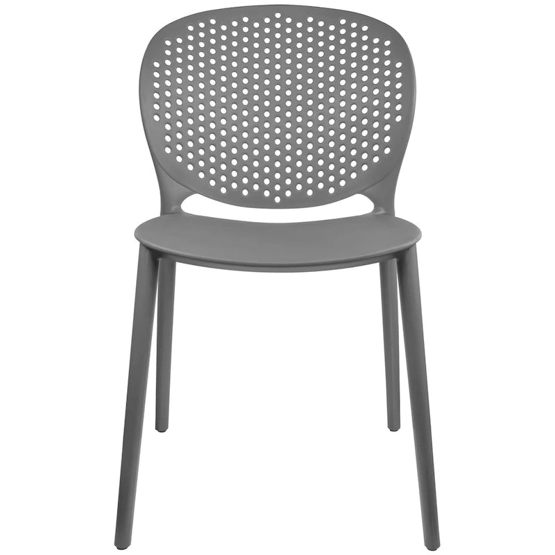 Chaise de jardin moderne en plastique empilable, sans accoudoirs, avec dossier à pois, idéale pour l'intérieur ou l'extérieur. Protection UV. Convient pour le jardin, la terrasse ou les repas en intérieur ou en extérieur.