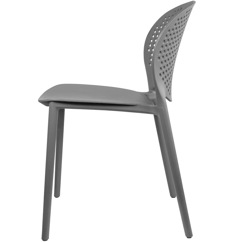 Chaise de jardin moderne en plastique empilable, sans accoudoirs, avec dossier à pois, idéale pour l'intérieur ou l'extérieur. Protection UV. Convient pour le jardin, la terrasse ou les repas en intérieur ou en extérieur.