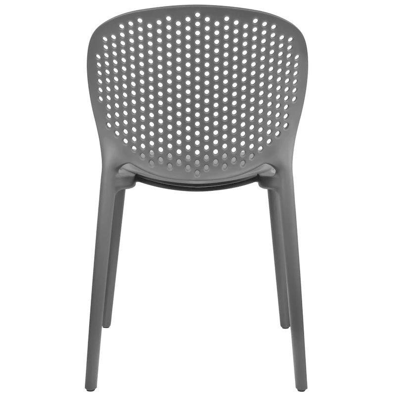 Chaise de jardin moderne en plastique empilable, sans accoudoirs, avec dossier à pois, idéale pour l'intérieur ou l'extérieur. Protection UV. Convient pour le jardin, la terrasse ou les repas en intérieur ou en extérieur.