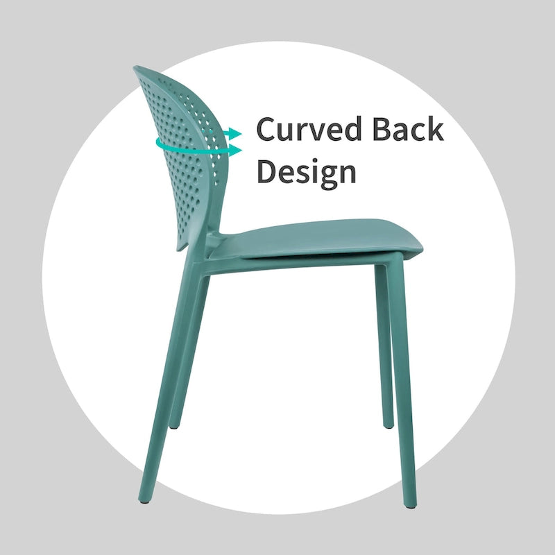 Chaise de jardin moderne en plastique empilable, sans accoudoirs, avec dossier à pois, idéale pour l'intérieur ou l'extérieur. Protection UV. Convient pour le jardin, la terrasse ou les repas en intérieur ou en extérieur.