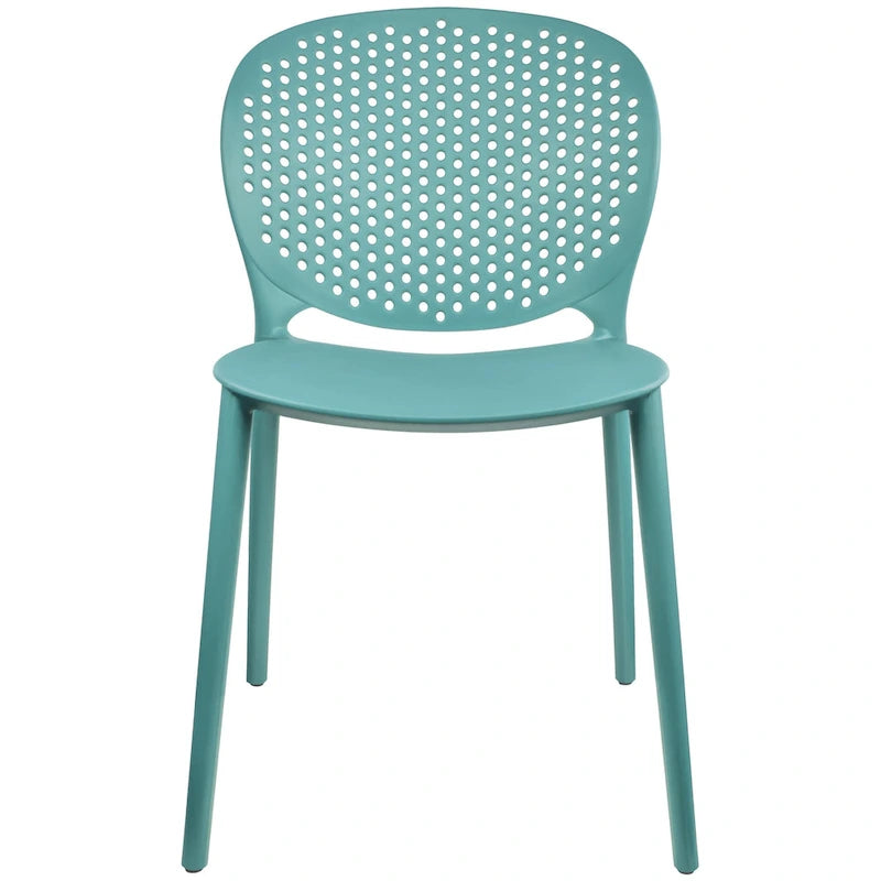 Chaise de jardin moderne en plastique empilable, sans accoudoirs, avec dossier à pois, idéale pour l'intérieur ou l'extérieur. Protection UV. Convient pour le jardin, la terrasse ou les repas en intérieur ou en extérieur.