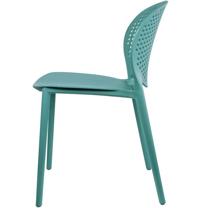 Chaise de jardin moderne en plastique empilable, sans accoudoirs, avec dossier à pois, idéale pour l'intérieur ou l'extérieur. Protection UV. Convient pour le jardin, la terrasse ou les repas en intérieur ou en extérieur.