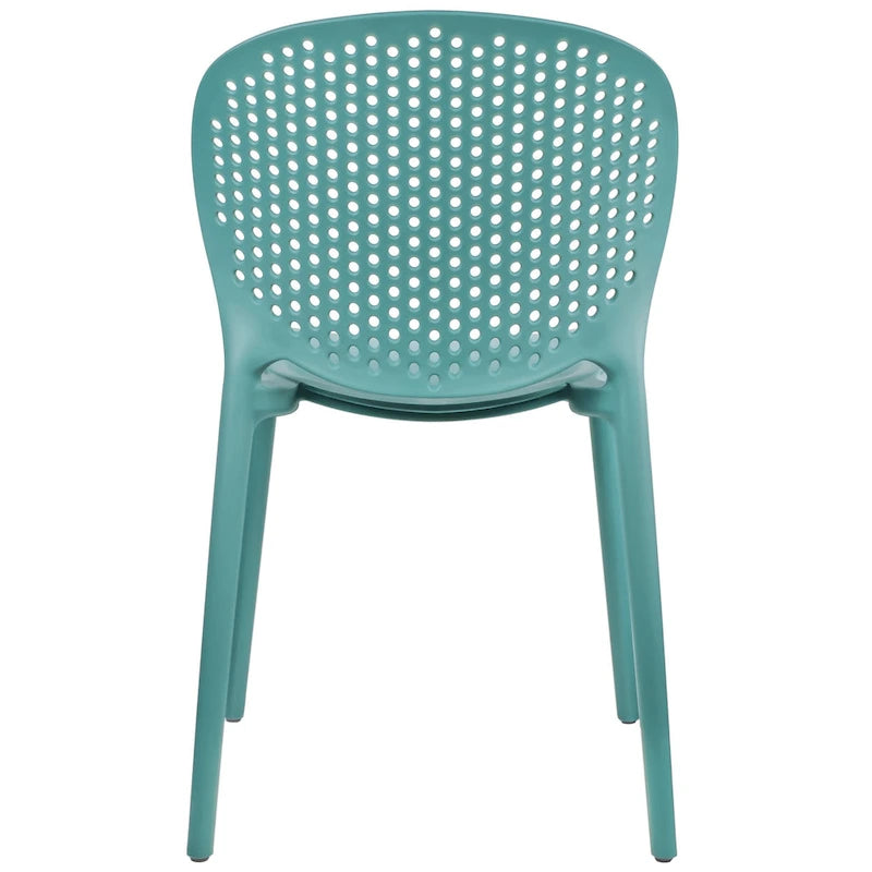 Chaise de jardin moderne en plastique empilable, sans accoudoirs, avec dossier à pois, idéale pour l'intérieur ou l'extérieur. Protection UV. Convient pour le jardin, la terrasse ou les repas en intérieur ou en extérieur.