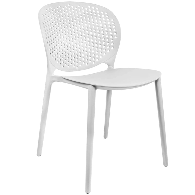 Chaise de jardin moderne en plastique empilable, sans accoudoirs, avec dossier à pois, idéale pour l'intérieur ou l'extérieur. Protection UV. Convient pour le jardin, la terrasse ou les repas en intérieur ou en extérieur.