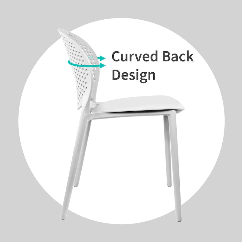 Chaise de jardin moderne en plastique empilable, sans accoudoirs, avec dossier à pois, idéale pour l'intérieur ou l'extérieur. Protection UV. Convient pour le jardin, la terrasse ou les repas en intérieur ou en extérieur.