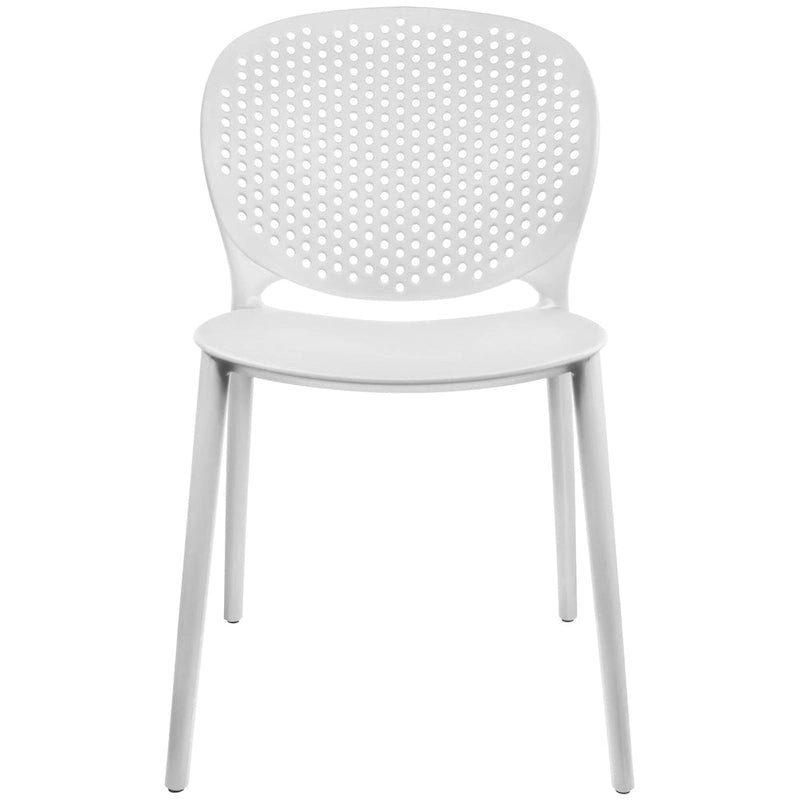 Chaise de jardin moderne en plastique empilable, sans accoudoirs, avec dossier à pois, idéale pour l'intérieur ou l'extérieur. Protection UV. Convient pour le jardin, la terrasse ou les repas en intérieur ou en extérieur.