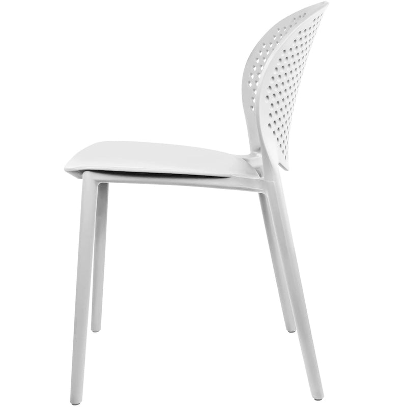 Chaise de jardin moderne en plastique empilable, sans accoudoirs, avec dossier à pois, idéale pour l'intérieur ou l'extérieur. Protection UV. Convient pour le jardin, la terrasse ou les repas en intérieur ou en extérieur.