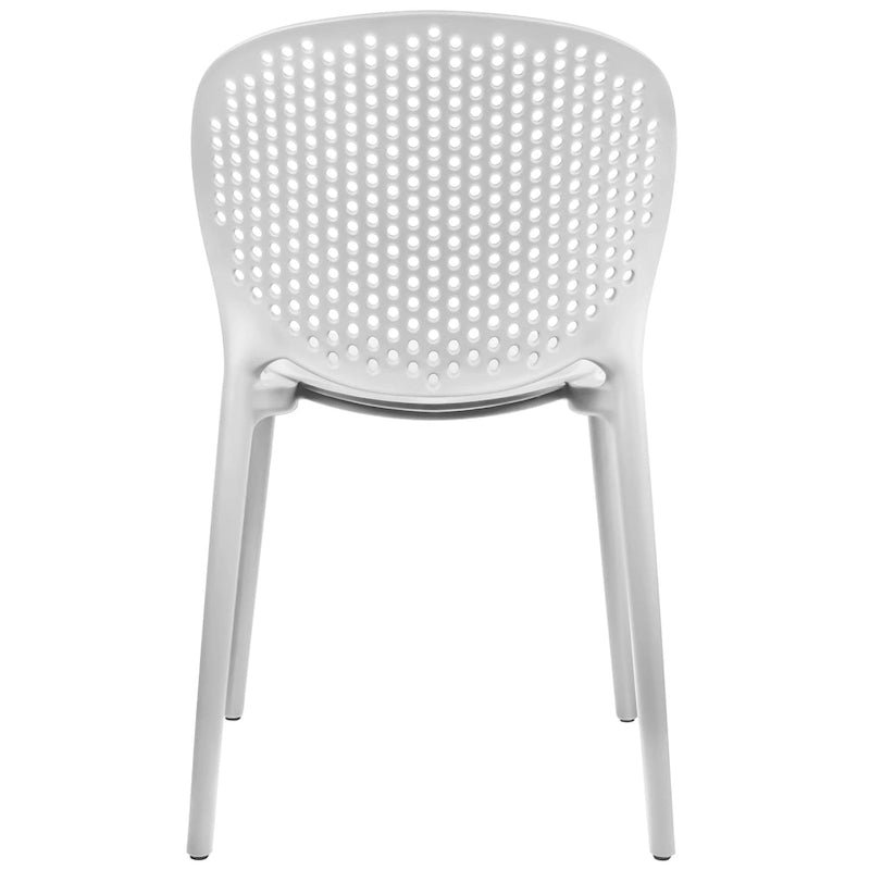 Chaise de jardin moderne en plastique empilable, sans accoudoirs, avec dossier à pois, idéale pour l'intérieur ou l'extérieur. Protection UV. Convient pour le jardin, la terrasse ou les repas en intérieur ou en extérieur.