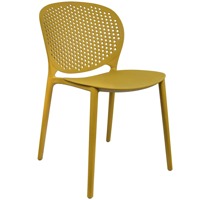 Chaise de jardin moderne en plastique empilable, sans accoudoirs, avec dossier à pois, idéale pour l'intérieur ou l'extérieur. Protection UV. Convient pour le jardin, la terrasse ou les repas en intérieur ou en extérieur.
