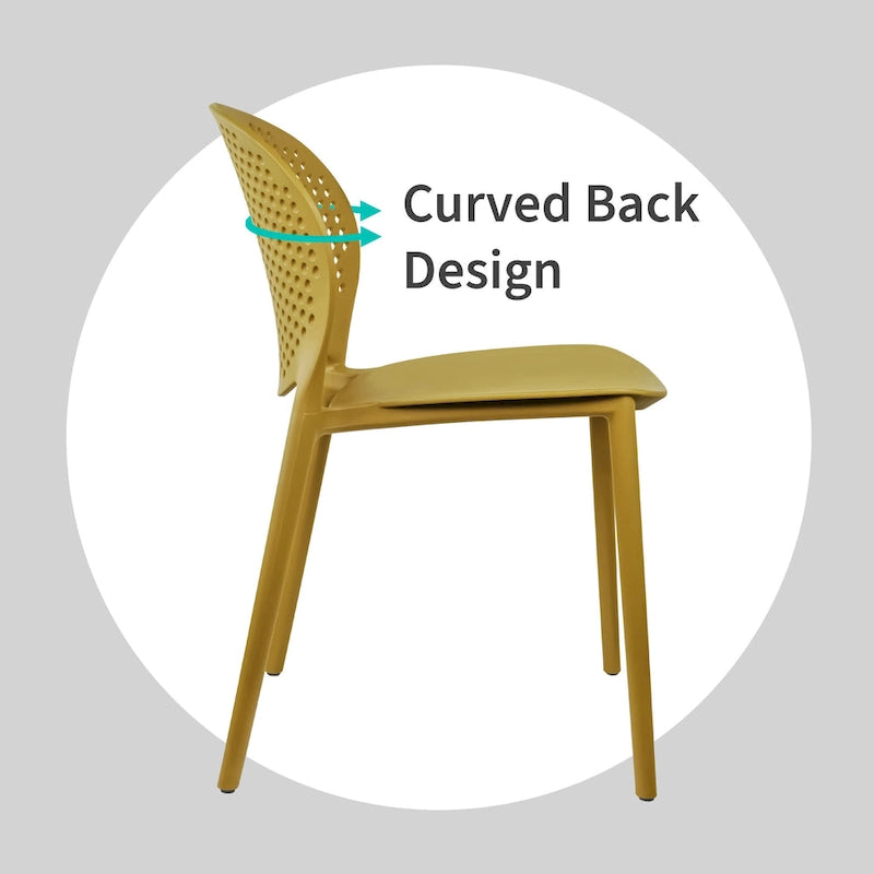 Chaise de jardin moderne en plastique empilable, sans accoudoirs, avec dossier à pois, idéale pour l'intérieur ou l'extérieur. Protection UV. Convient pour le jardin, la terrasse ou les repas en intérieur ou en extérieur.