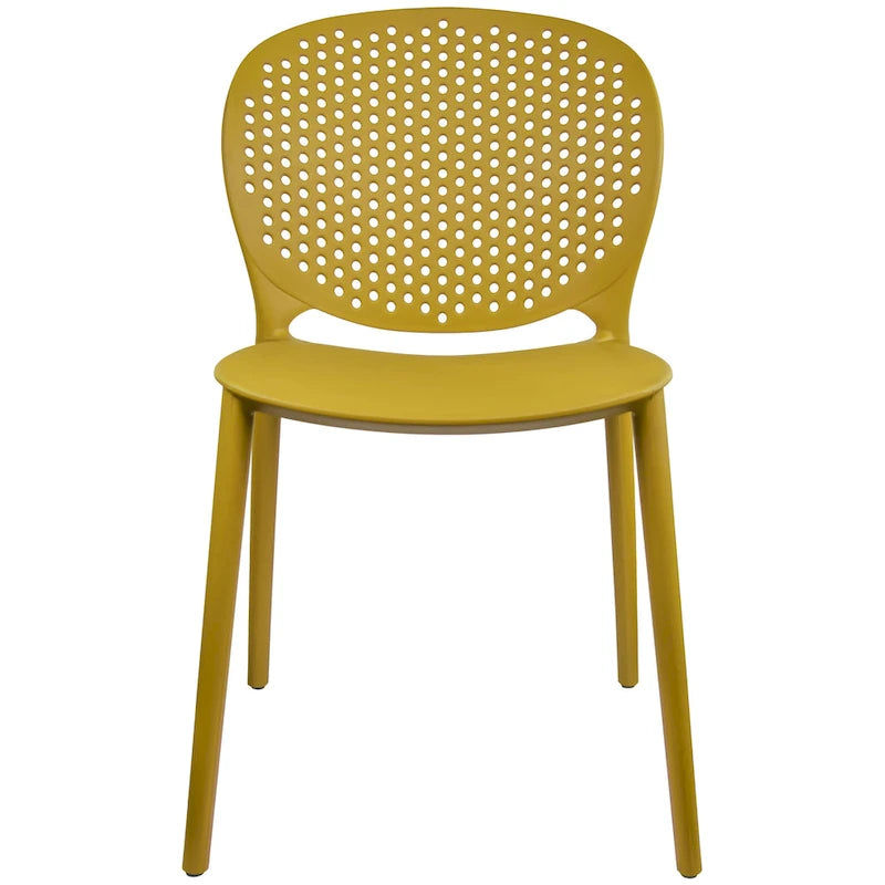 Chaise de jardin moderne en plastique empilable, sans accoudoirs, avec dossier à pois, idéale pour l'intérieur ou l'extérieur. Protection UV. Convient pour le jardin, la terrasse ou les repas en intérieur ou en extérieur.
