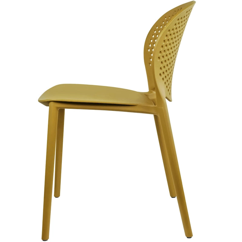 Chaise de jardin moderne en plastique empilable, sans accoudoirs, avec dossier à pois, idéale pour l'intérieur ou l'extérieur. Protection UV. Convient pour le jardin, la terrasse ou les repas en intérieur ou en extérieur.