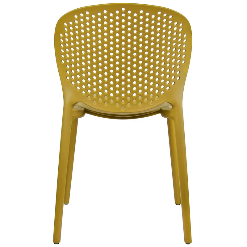 Chaise de jardin moderne en plastique empilable, sans accoudoirs, avec dossier à pois, idéale pour l'intérieur ou l'extérieur. Protection UV. Convient pour le jardin, la terrasse ou les repas en intérieur ou en extérieur.