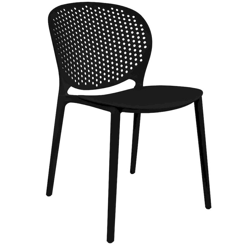 Chaise de jardin moderne en plastique empilable, sans accoudoirs, avec dossier à pois, idéale pour l'intérieur ou l'extérieur. Protection UV. Convient pour le jardin, la terrasse ou les repas en intérieur ou en extérieur.