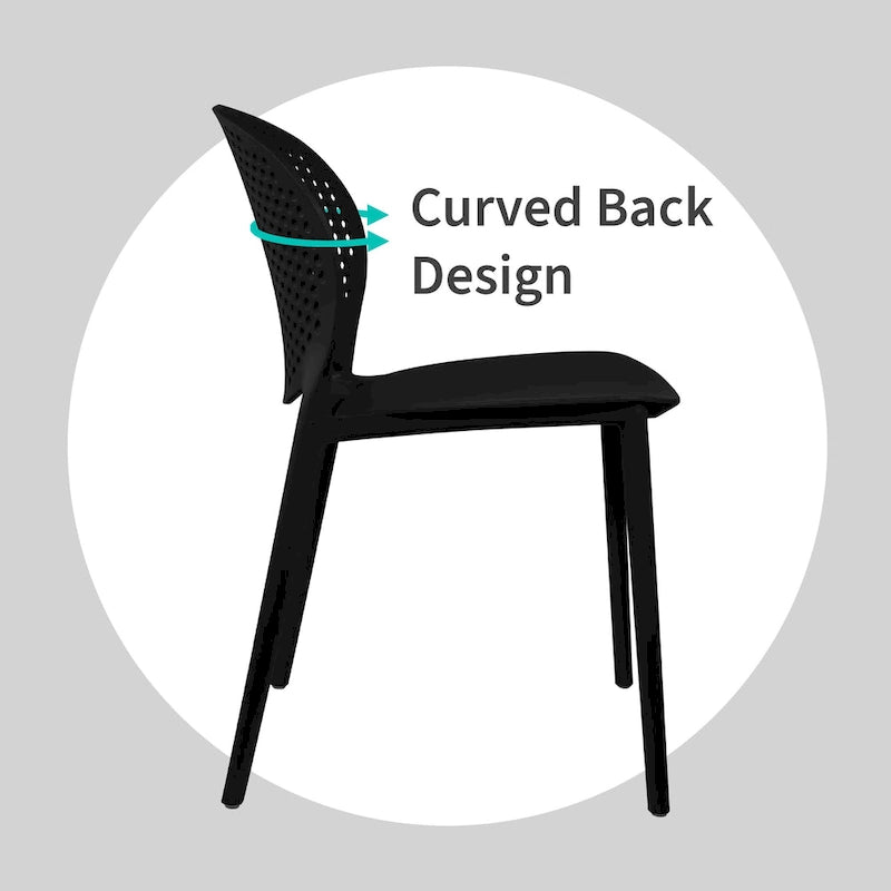 Chaise de jardin moderne en plastique empilable, sans accoudoirs, avec dossier à pois, idéale pour l'intérieur ou l'extérieur. Protection UV. Convient pour le jardin, la terrasse ou les repas en intérieur ou en extérieur.