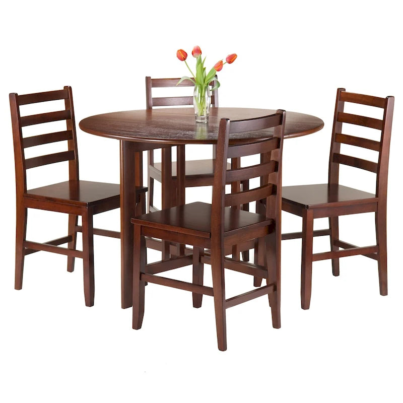Table ronde à abattants 5 pièces avec chaises à dossier échelle, noyer