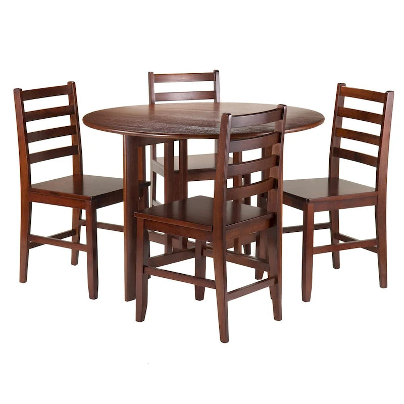 Table ronde à abattants 5 pièces avec chaises à dossier échelle, noyer