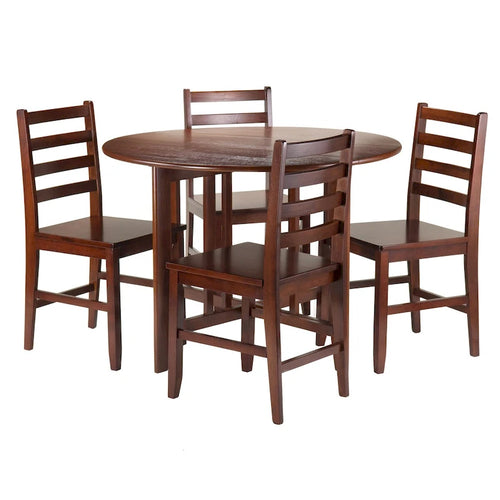 Table ronde à abattants 5 pièces avec chaises à dossier échelle, noyer